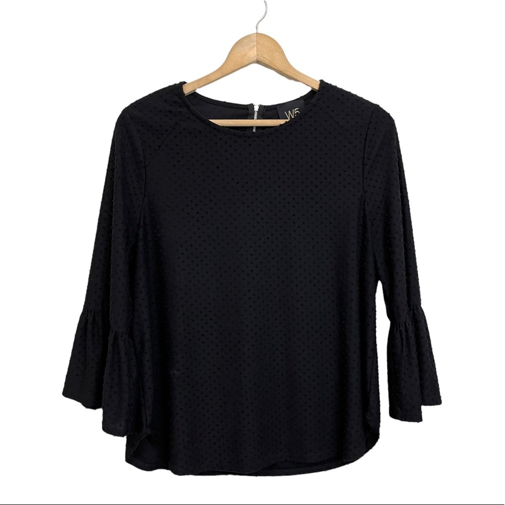 W5 Women’s Size Large Textured Black Top Blouse w/ Bell Flare Sleeve